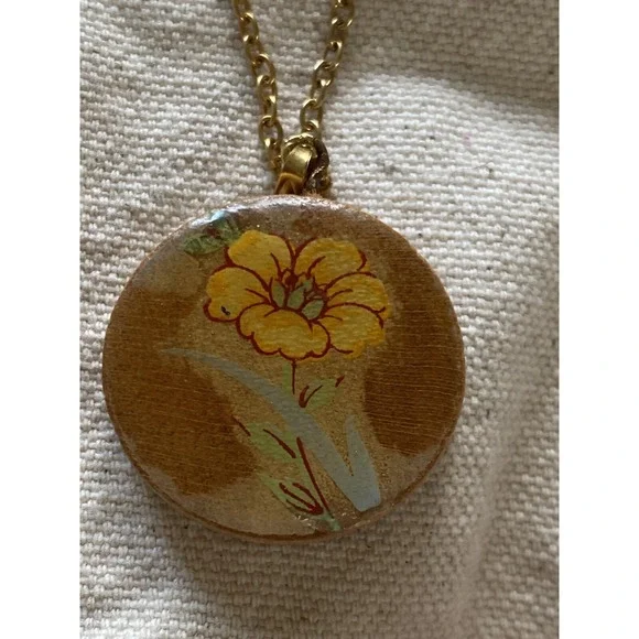 Yellow Flower Pendant Round Wooden - Picture 1 of 4